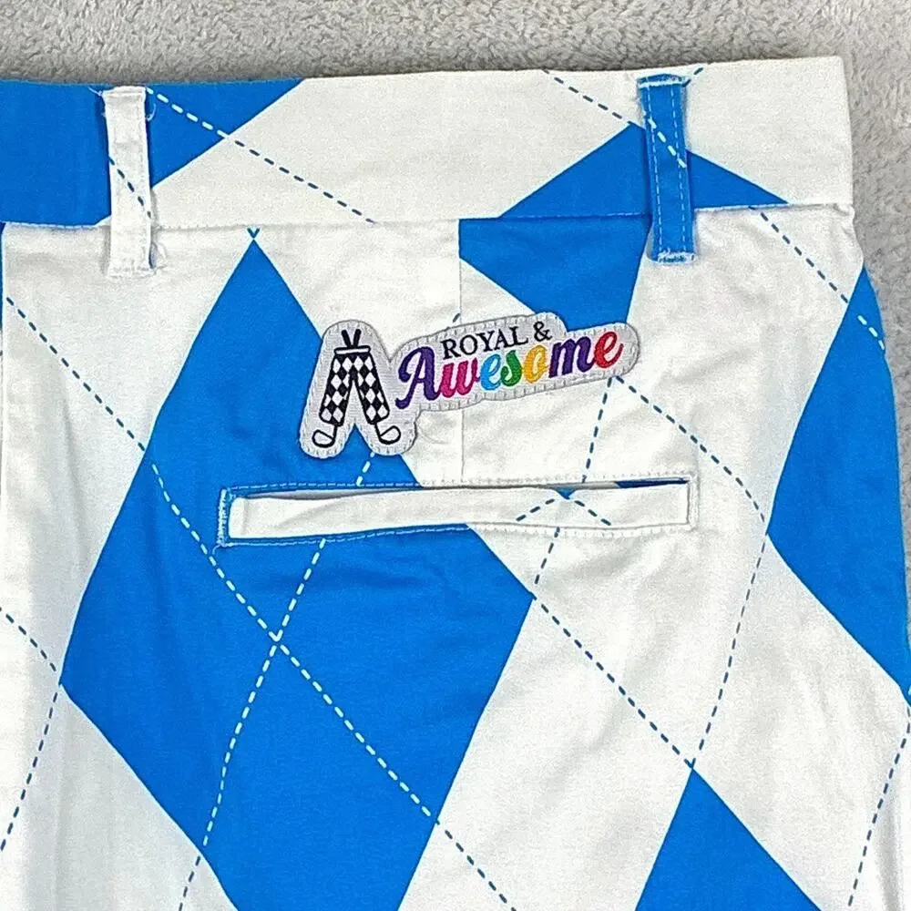 Royal and Awesome Shorts Mens 36 White Blue Argyle Preppy Golf Summer Outdoors